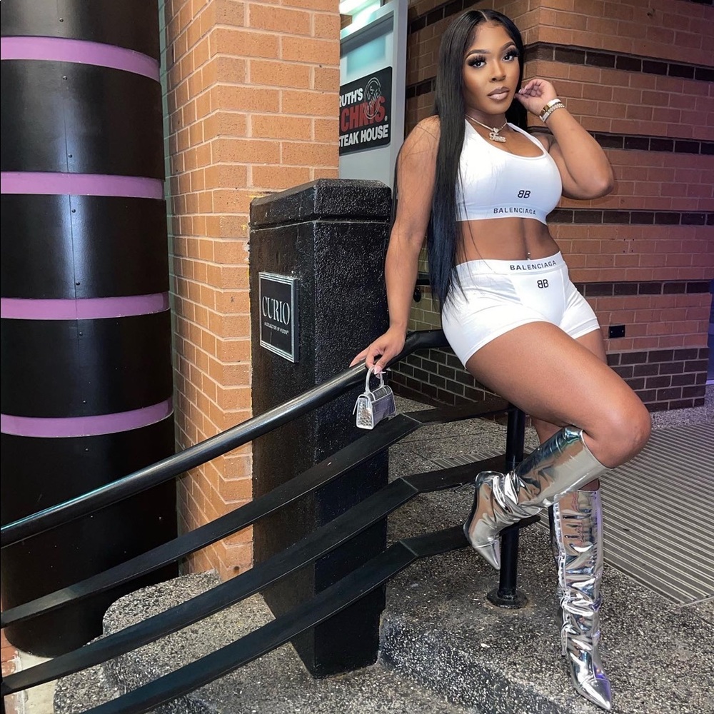 White Balenciaga Sports Bra and Slip Shorts